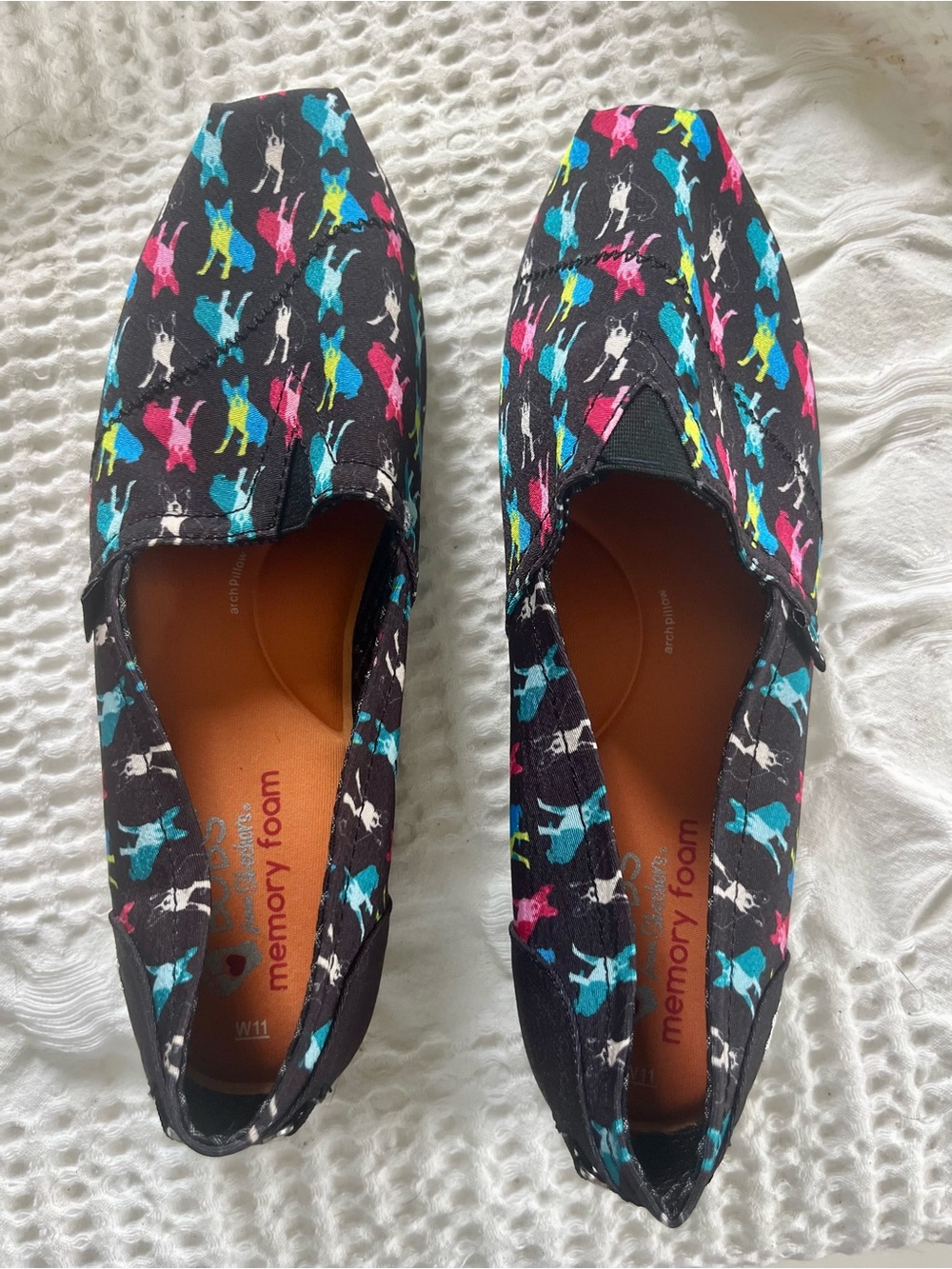 Skechers Black Slip-On Flats with Pink, Blue, Teal & White Dog Print